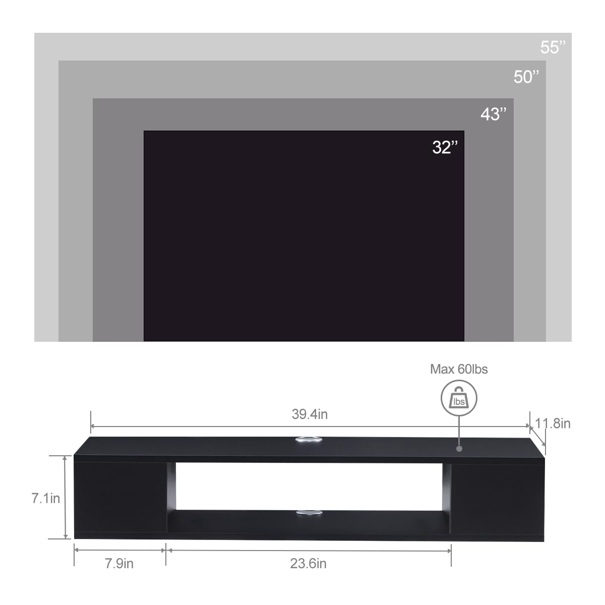 Black Wall Mounted Floating TV Stand with Storage B58341