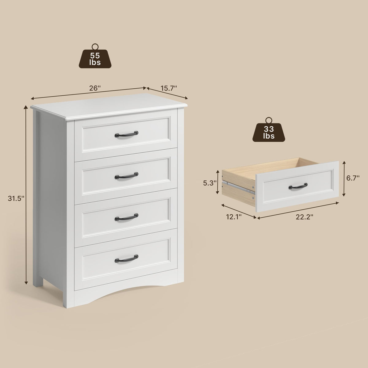 White 4 Drawer Wood Dresser H3517