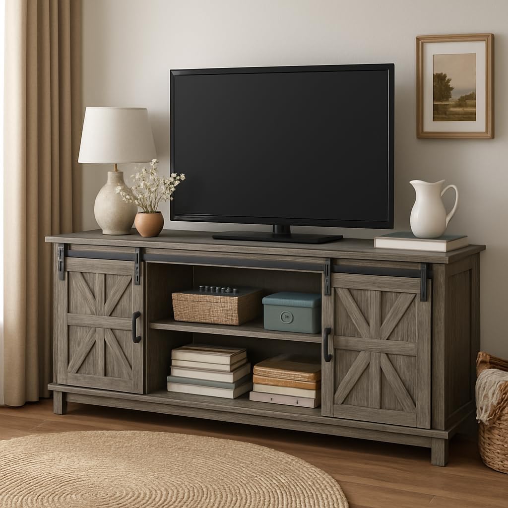 Farmhouse TV Stand Cabinet for 75" Television with Adjustable Shelf & Sliding Barn Doors U332411