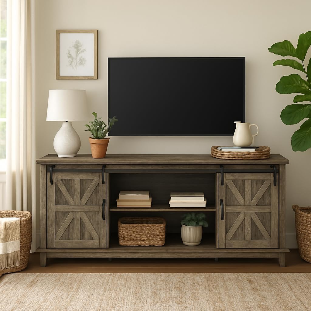 Farmhouse TV Stand Cabinet for 75" Television with Adjustable Shelf & Sliding Barn Doors U332411