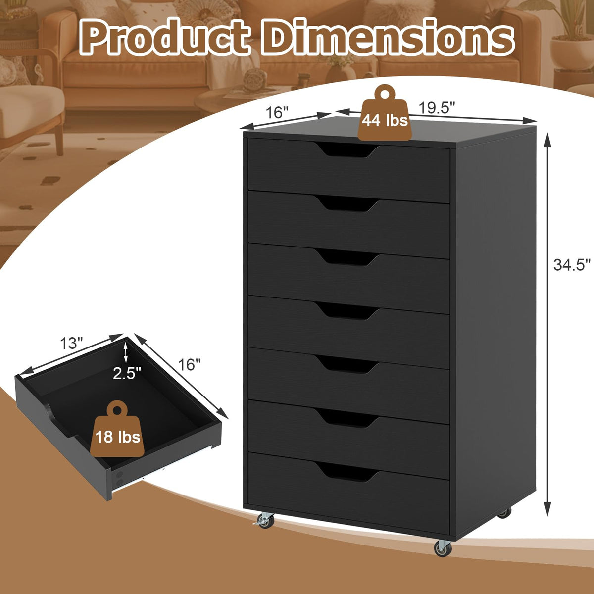7 Drawer Wooden Storage Cabinet with Casters M86739