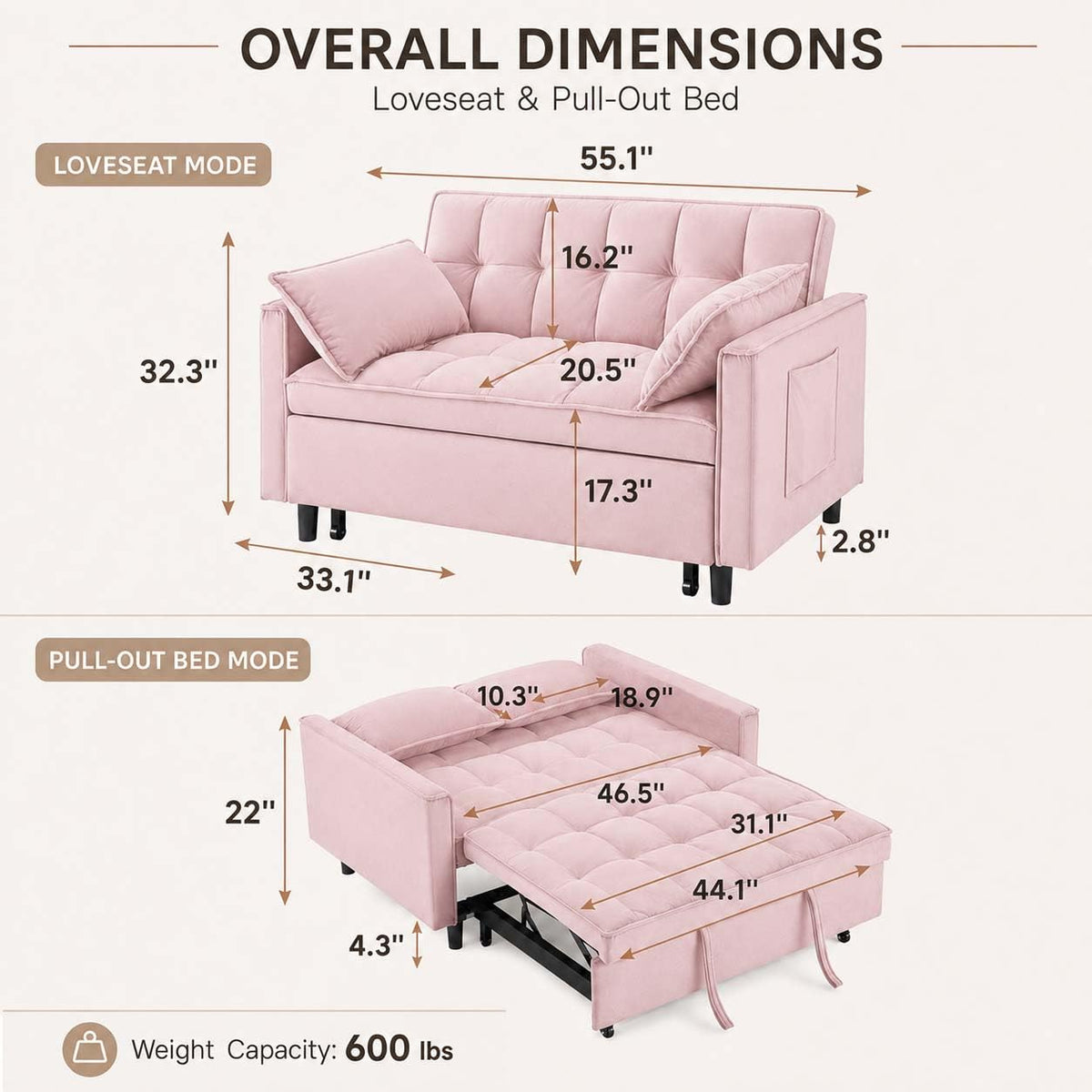 Pink Velvet Convertible Sofa Bed R834273