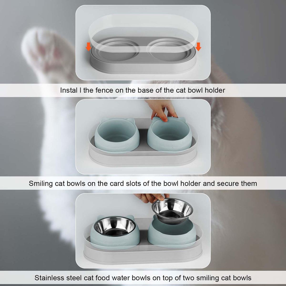 Tilted Stainless Steel Cat Food and Water Bowl Set O1165