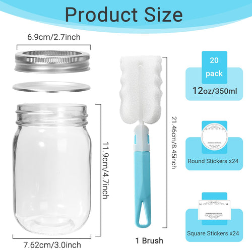 20 Pack 12 oz Clear Glass Mason Jars with Lids W635