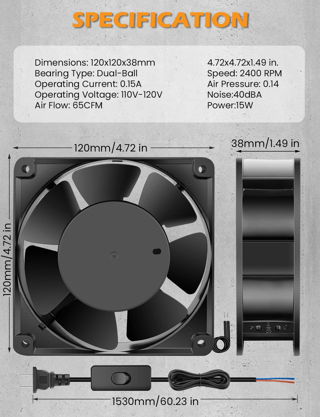 120mm x 38mm 120V Dual Ball Bearing Axial Fan B8196