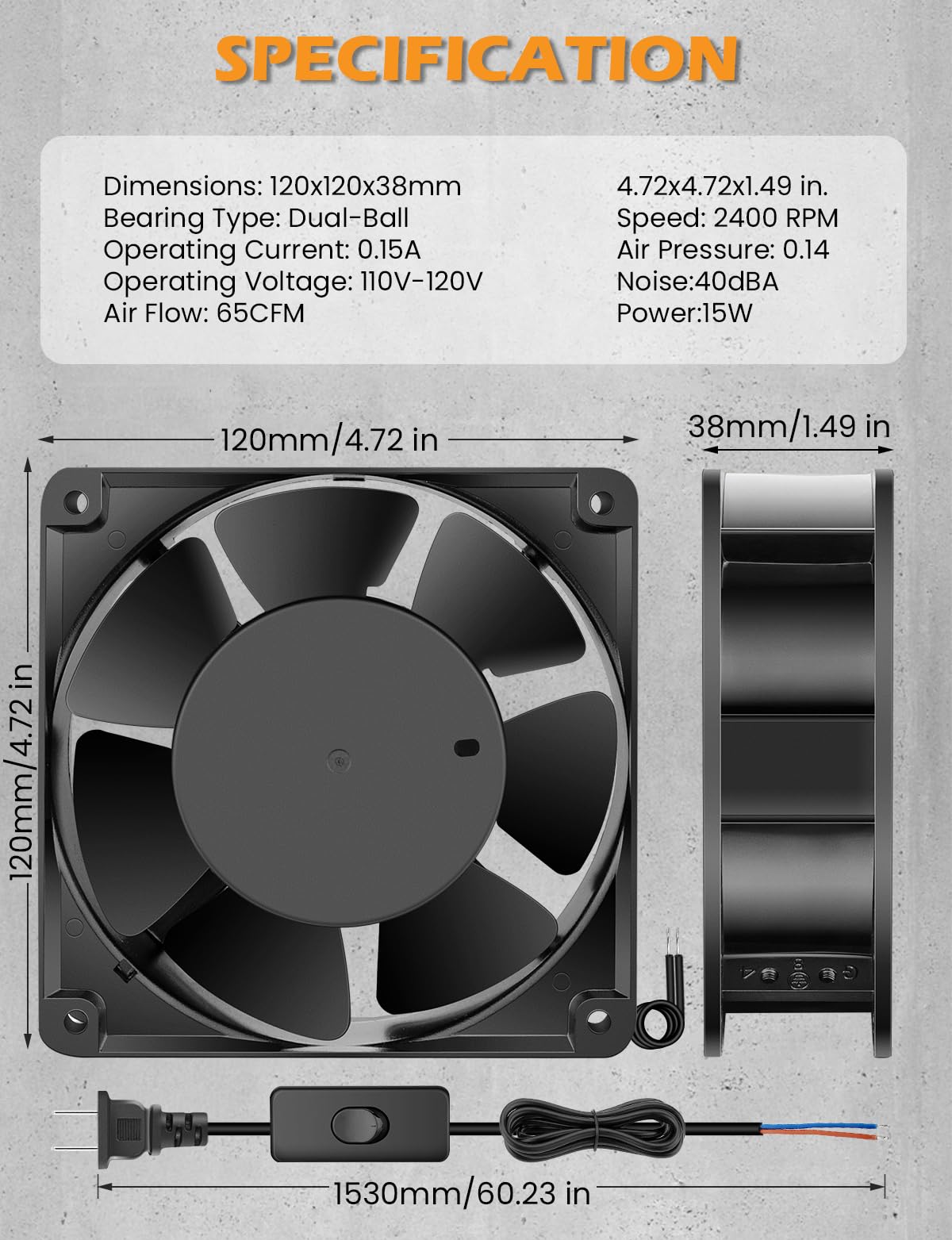 120mm x 38mm 120V Dual Ball Bearing Axial Fan B8196