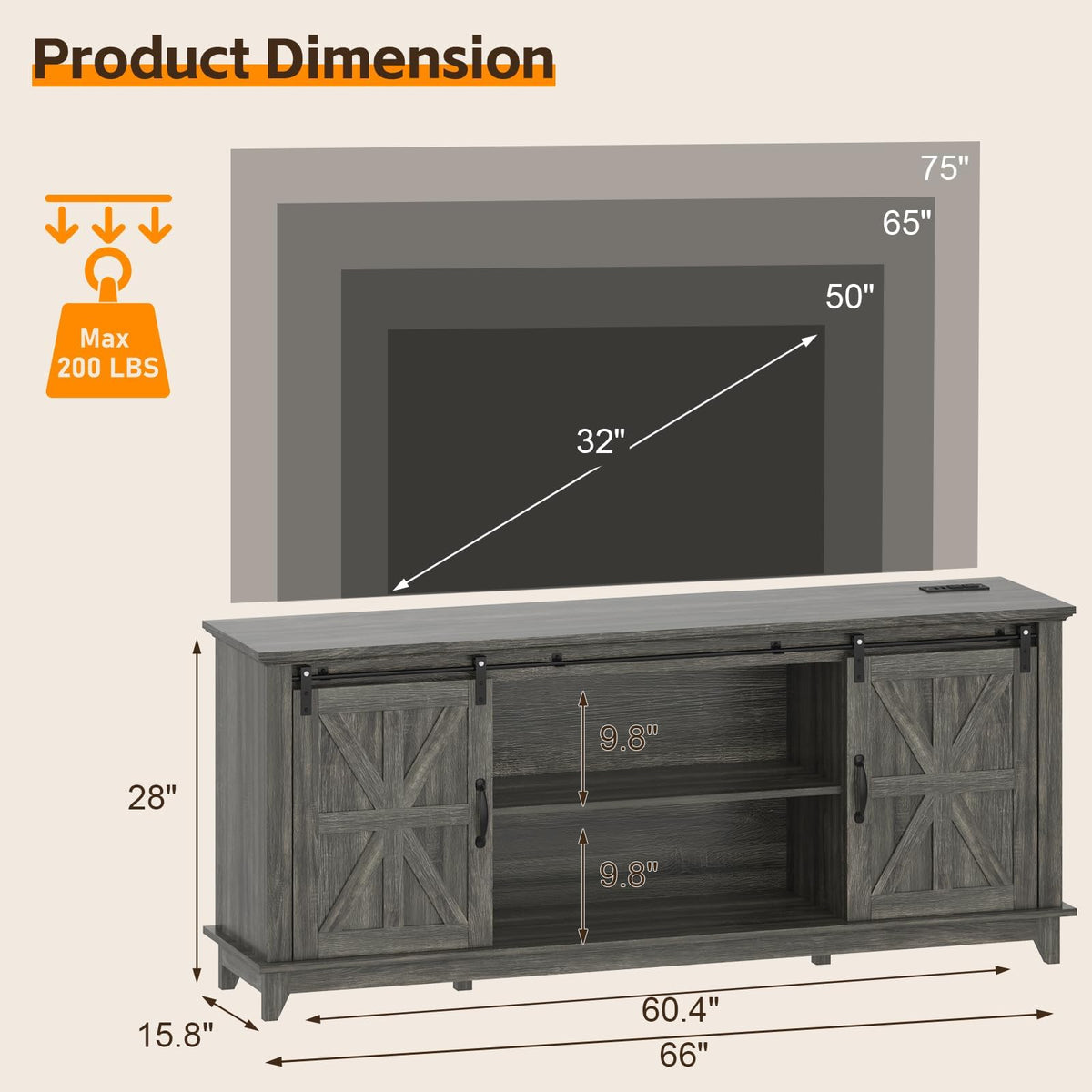 Farmhouse TV Stand Cabinet for 75" Television with Adjustable Shelf & Sliding Barn Doors U332411