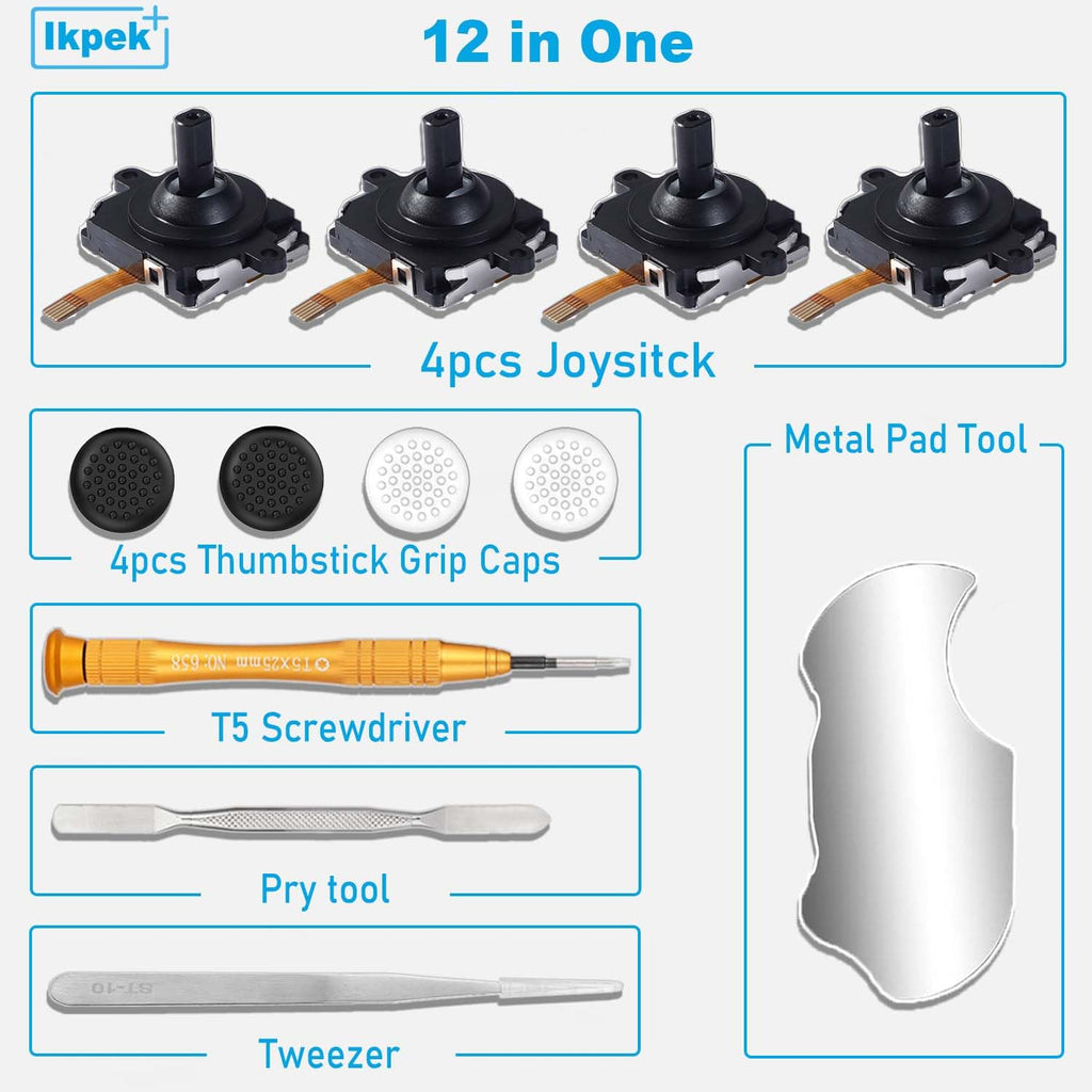 4 Pack Joystick Replacement Kit, Include 4 Joysticks, 4 Thumbstick Grips, T5 Screwdriver, Tweezer, Pry Tool J469179