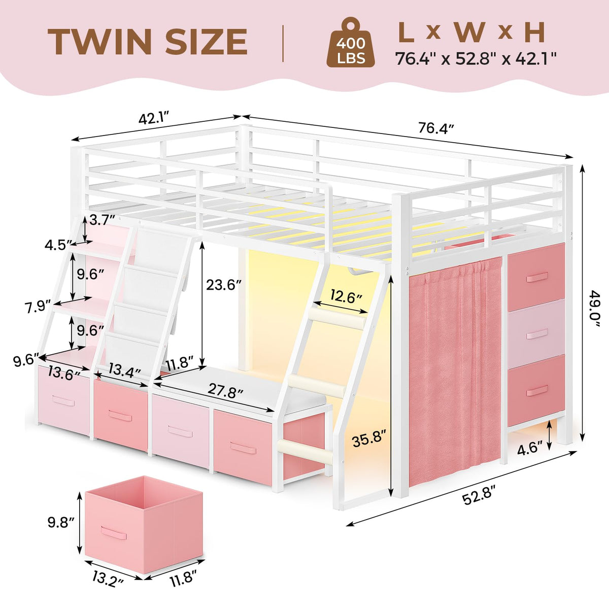 Twin Loft Bed with 7 Storage Drawers, Bookshelf, LED Lights & Guardrail, White & Pink G10249