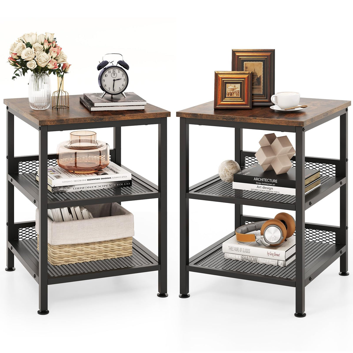 3-Tier End Table Set of 2 with Mesh Storage Shelves Y38786