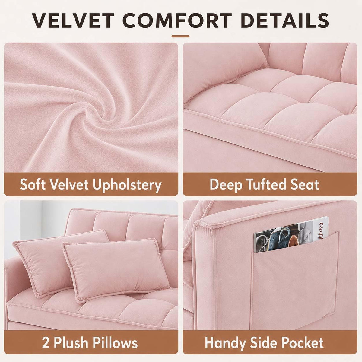 Pink Velvet Convertible Sofa Bed R834273