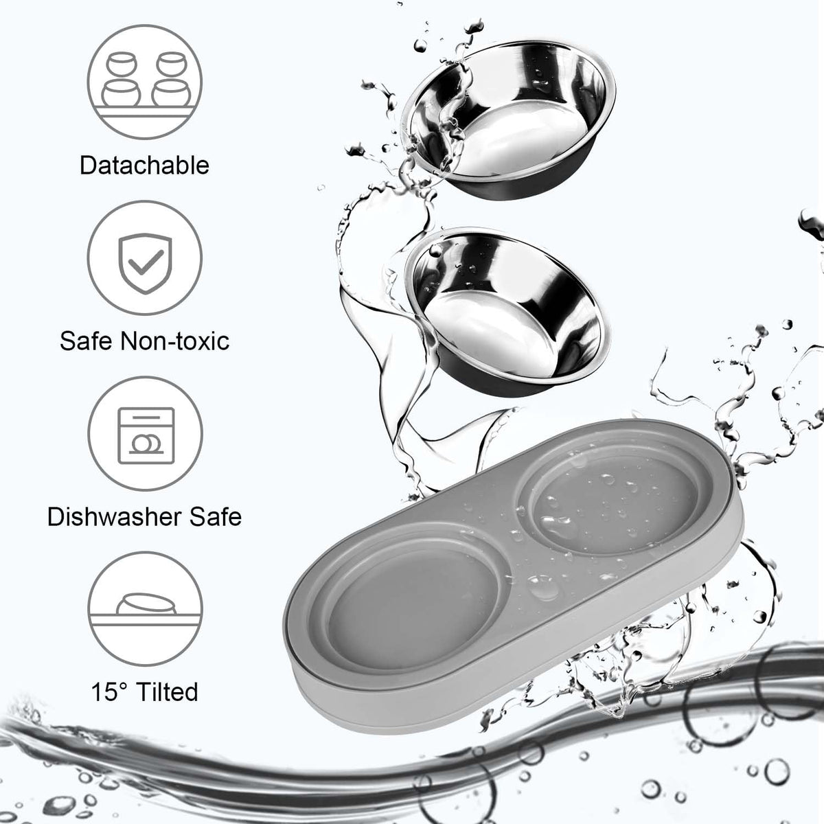 Tilted Stainless Steel Cat Food and Water Bowl Set O1165