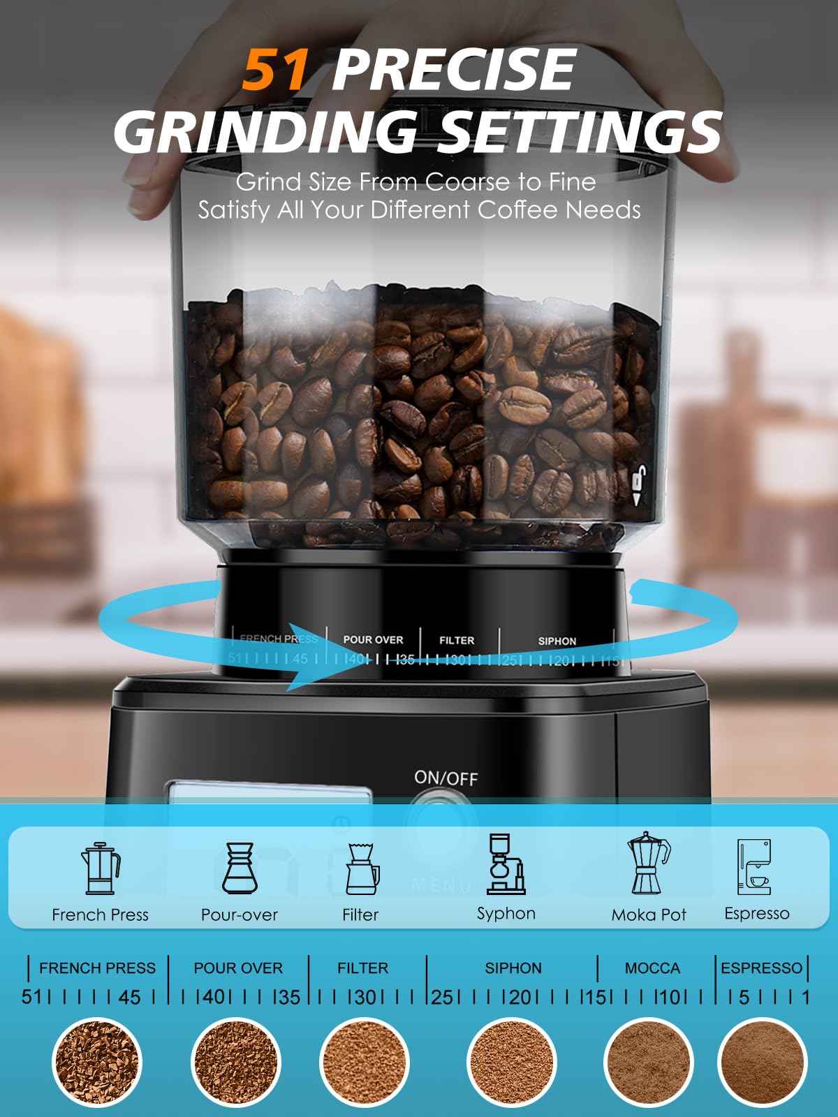 Conical Burr Espresso Coffee Grinder, 51 Settings, Stainless Steel K203248