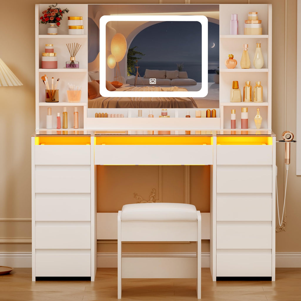 Glass Top Vanity Desk with Mirror and Stool Q280523