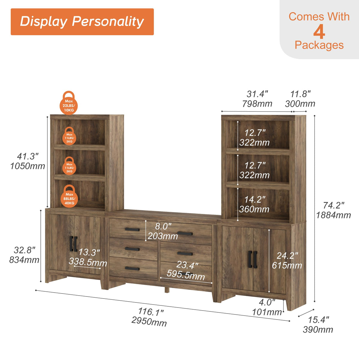 4-Piece Modular Entertainment Center with Bookshelves M539724