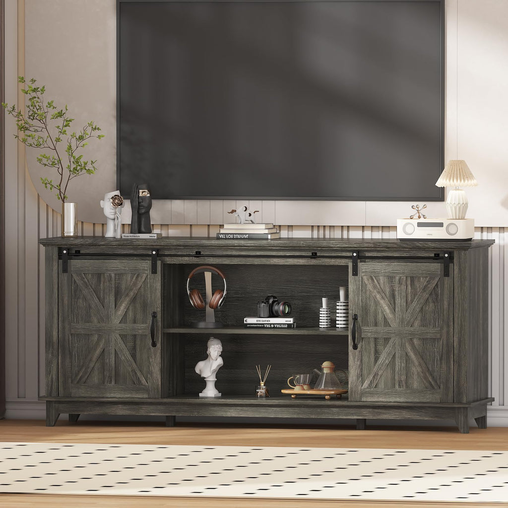 Farmhouse TV Stand Cabinet for 75" Television with Adjustable Shelf & Sliding Barn Doors U332411