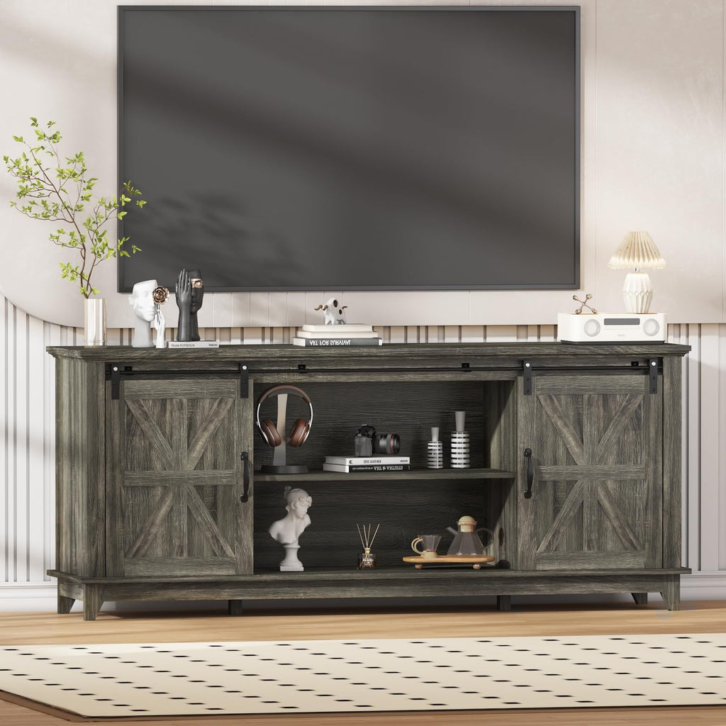 Farmhouse TV Stand Cabinet for 75" Television with Adjustable Shelf & Sliding Barn Doors U332411