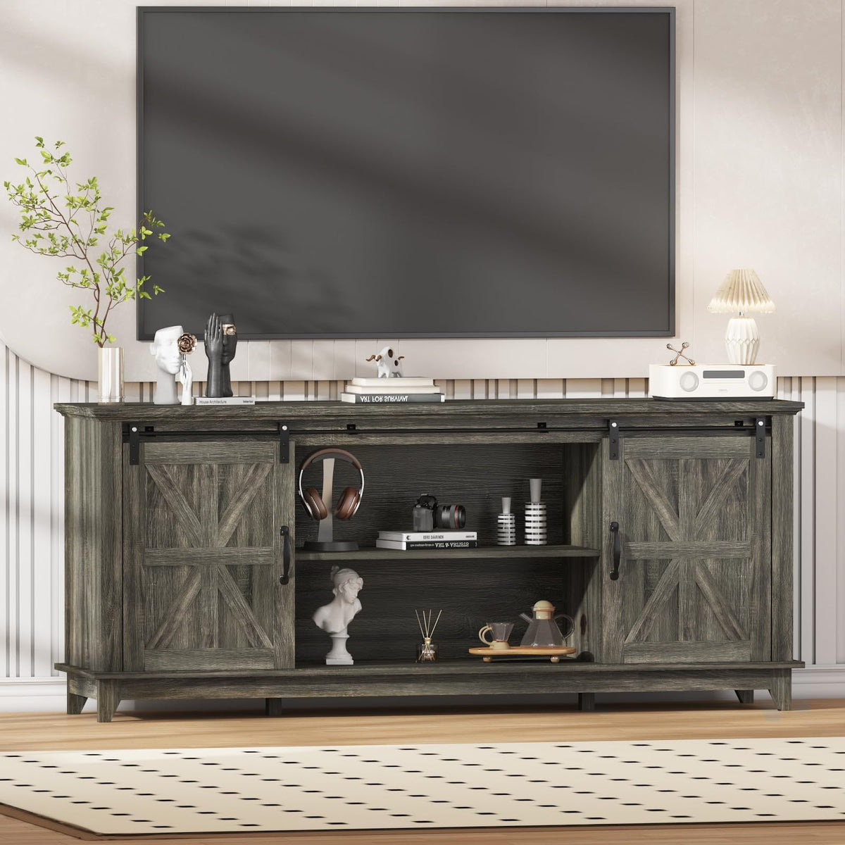 Farmhouse TV Stand Cabinet for 75" Television with Adjustable Shelf & Sliding Barn Doors U332411