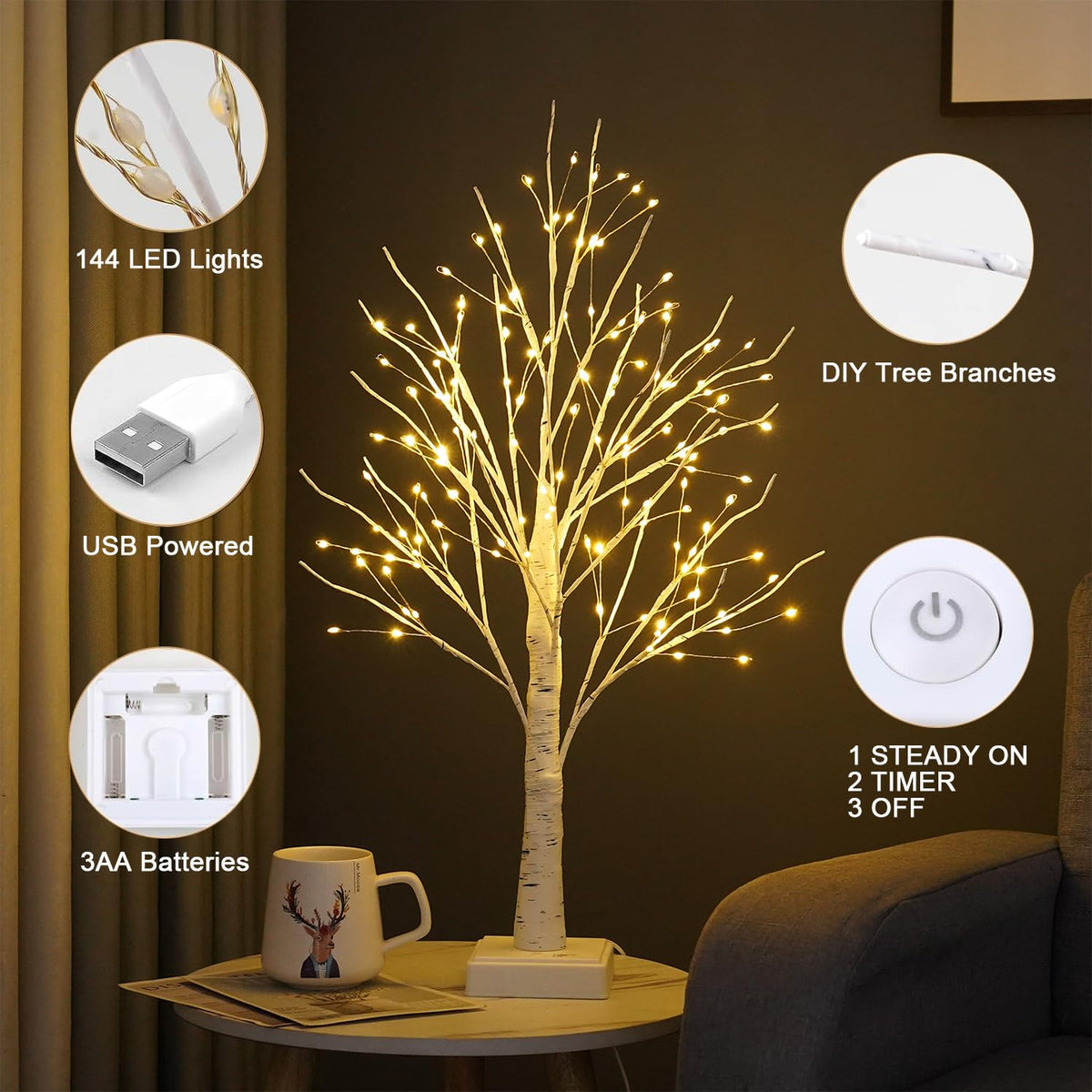 24" 2FT White Birch Tree with 144 LED Lights L776