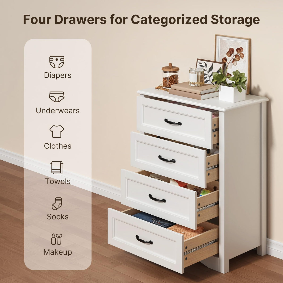 White 4 Drawer Wood Dresser H3517