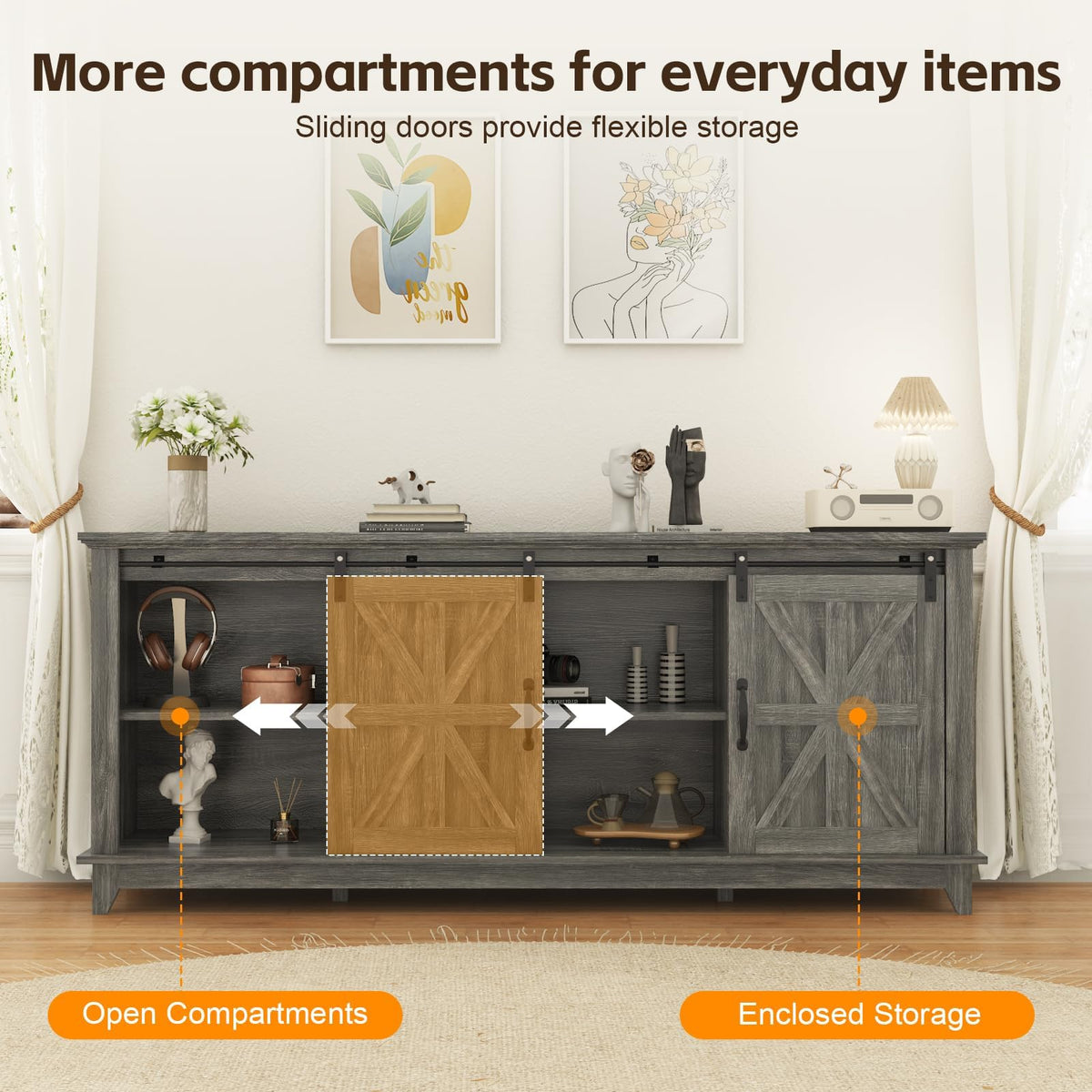 Farmhouse TV Stand Cabinet for 75" Television with Adjustable Shelf & Sliding Barn Doors U332411