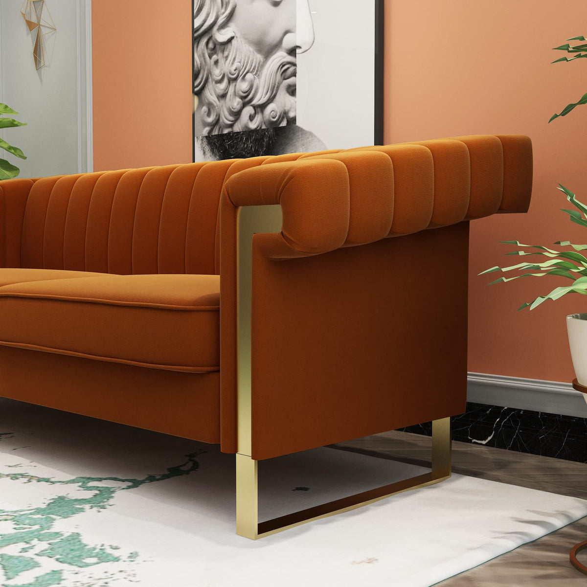 84 Inch Orange Velvet Chesterfield Sofa C59600