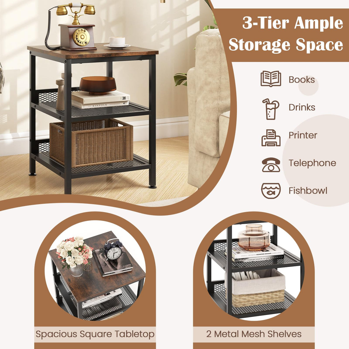 3-Tier End Table Set of 2 with Mesh Storage Shelves Y38786