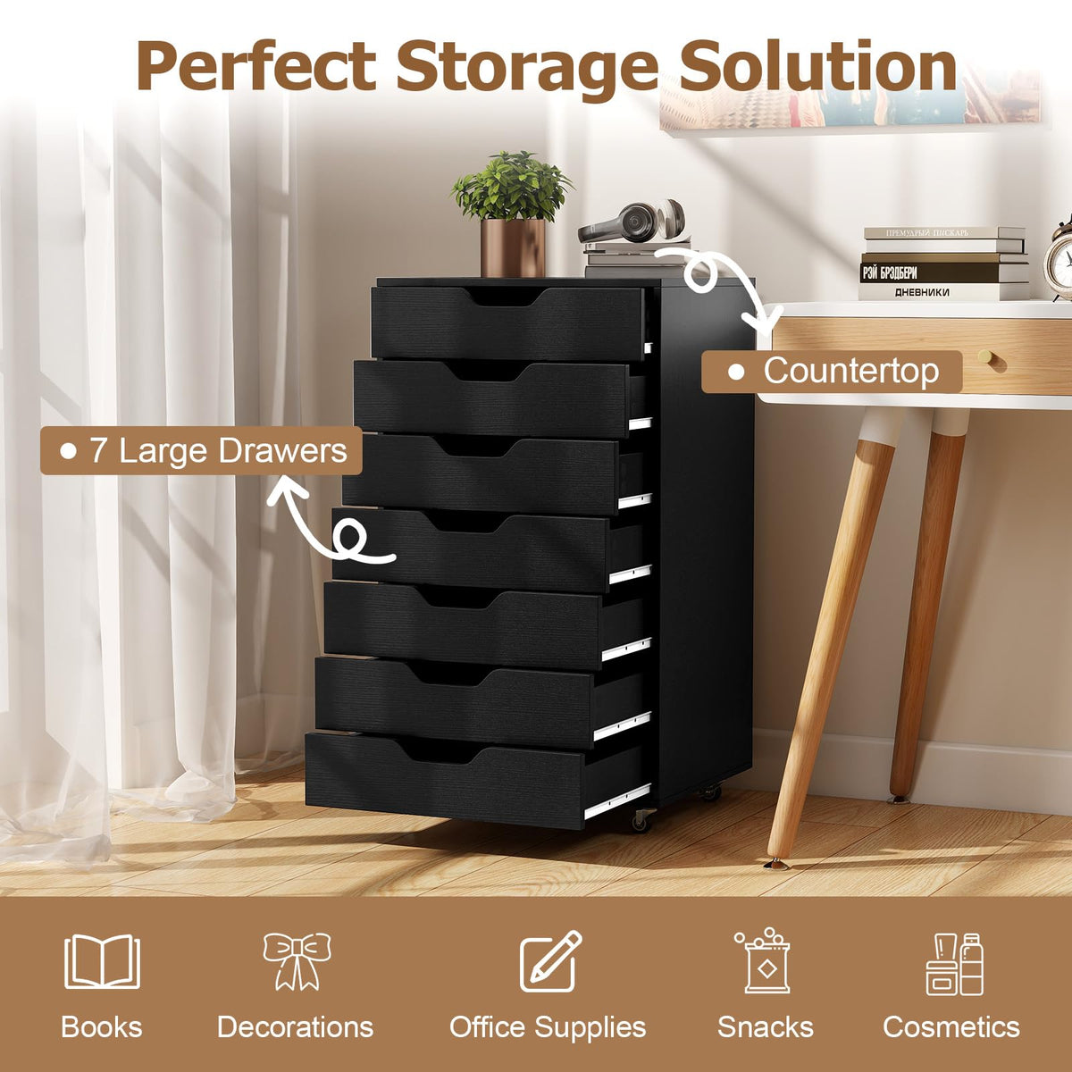 7 Drawer Wooden Storage Cabinet with Casters M86739