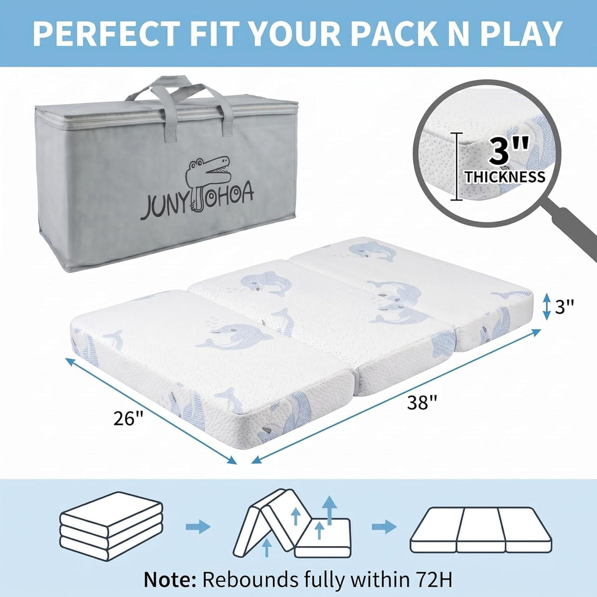 Trifold Pack and Play Mattress Topper, 38x26 Dual Firmness K7786