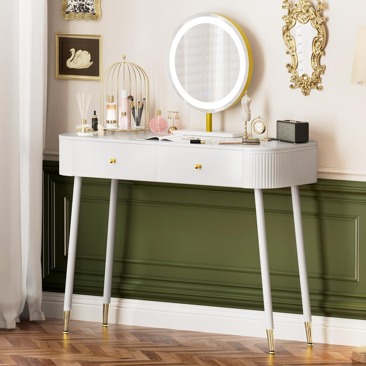 White 40" Vanity Desk with Mirror and Lights J578221