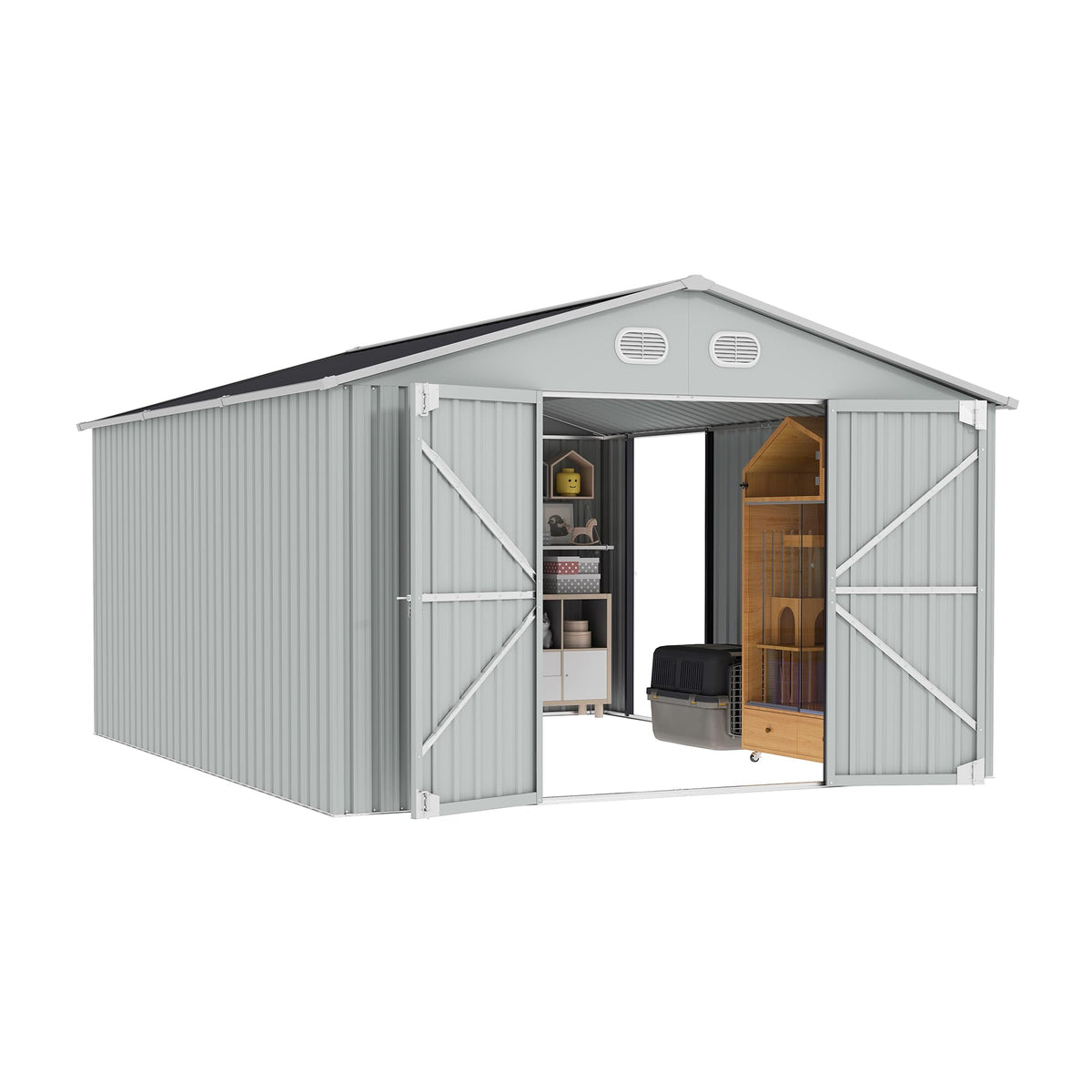 10x12 FT Metal Storage Shed with Lockable Doors and Sloped Roof A207126