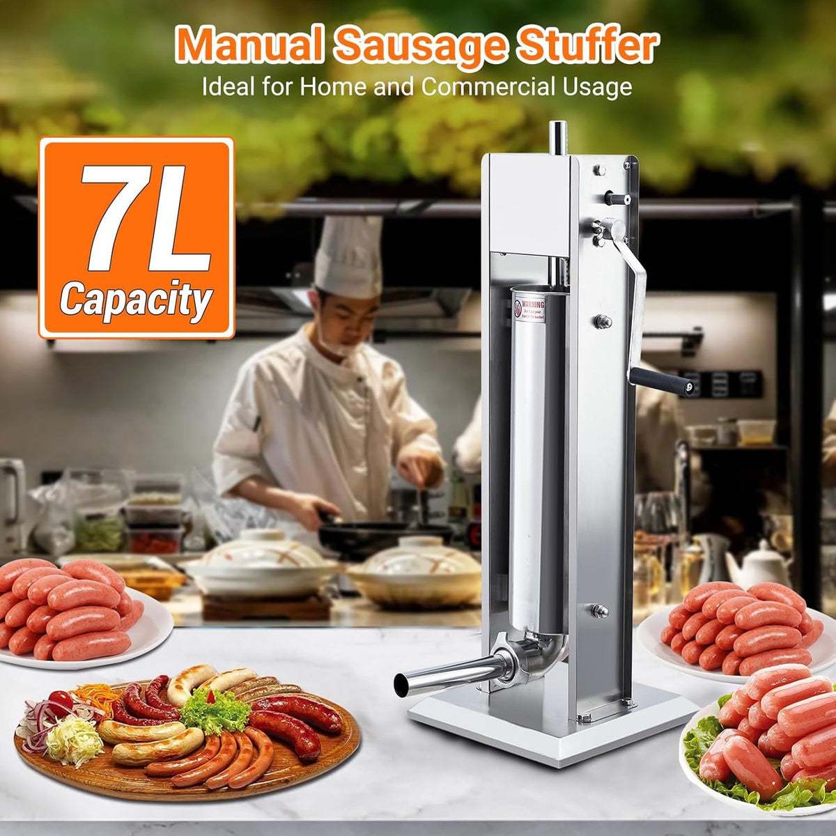 15LBS/7L Two Speed Stainless Steel Sausage Stuffer with 4 Stuffing Tubes X7440