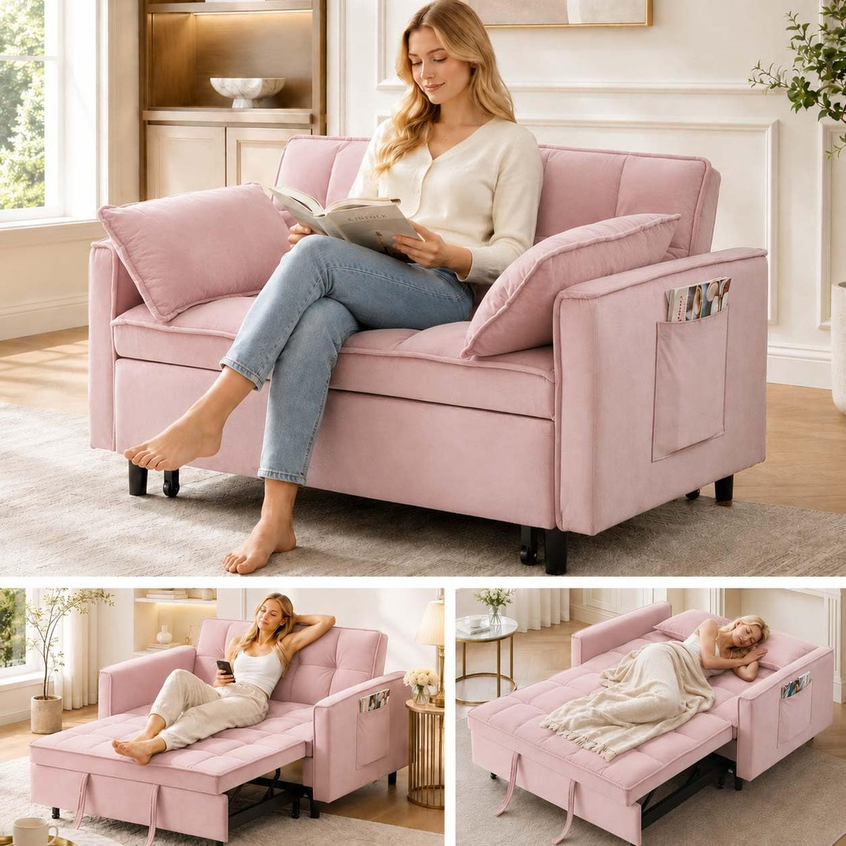 Pink Velvet Convertible Sofa Bed R834273