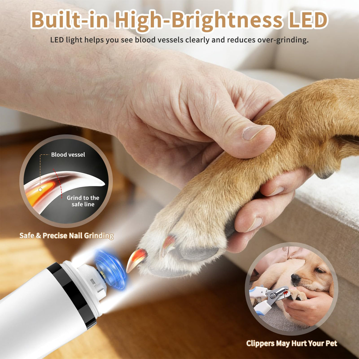 Quiet Dog Nail Grinder with Guard & 2 LED Lights E529