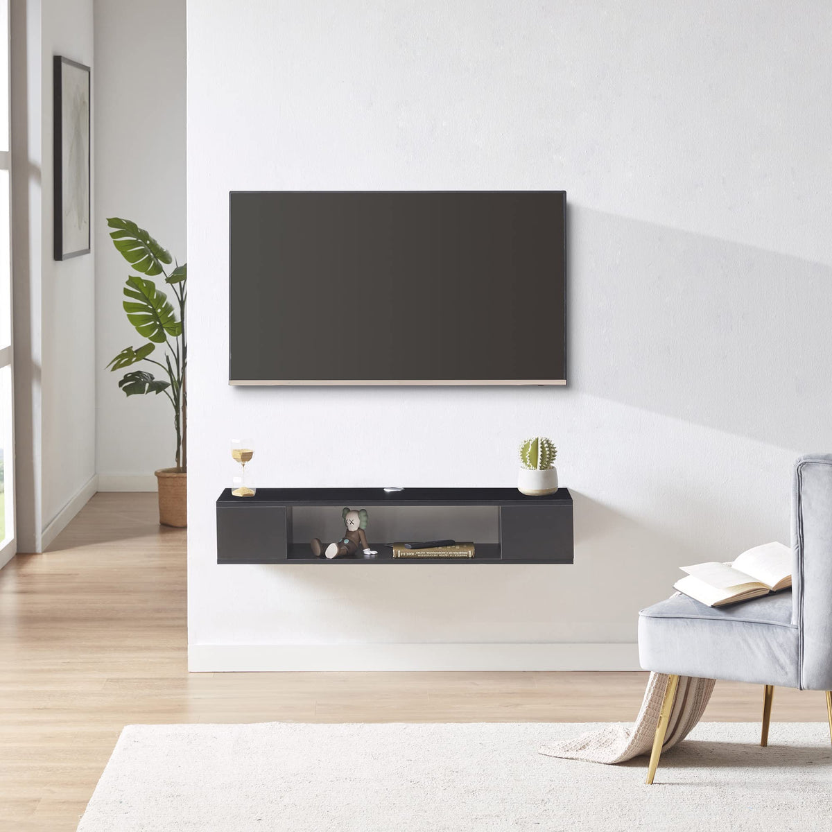 Black Wall Mounted Floating TV Stand with Storage B58341