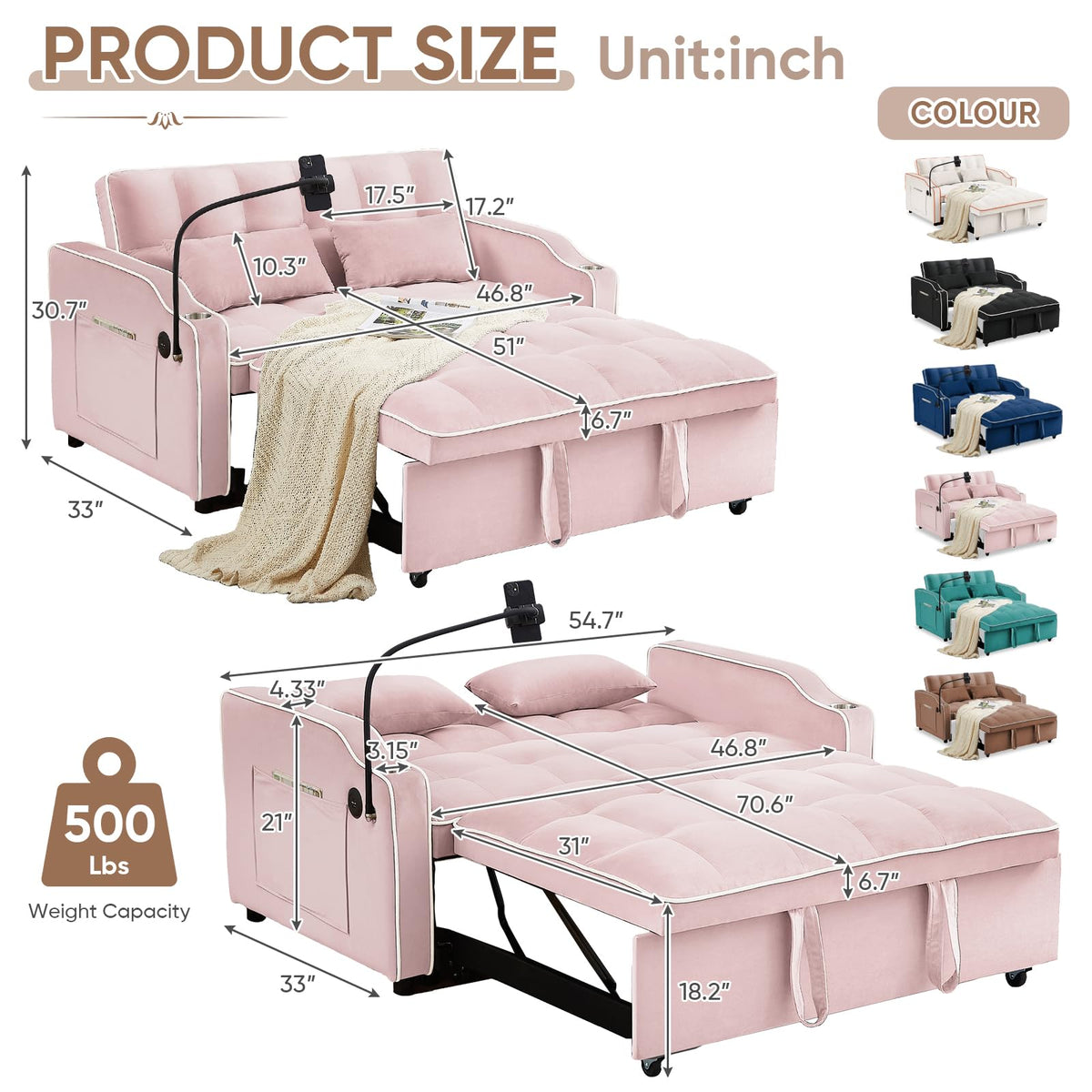 Pink Velvet Convertible Sleeper Sofa Bed W785