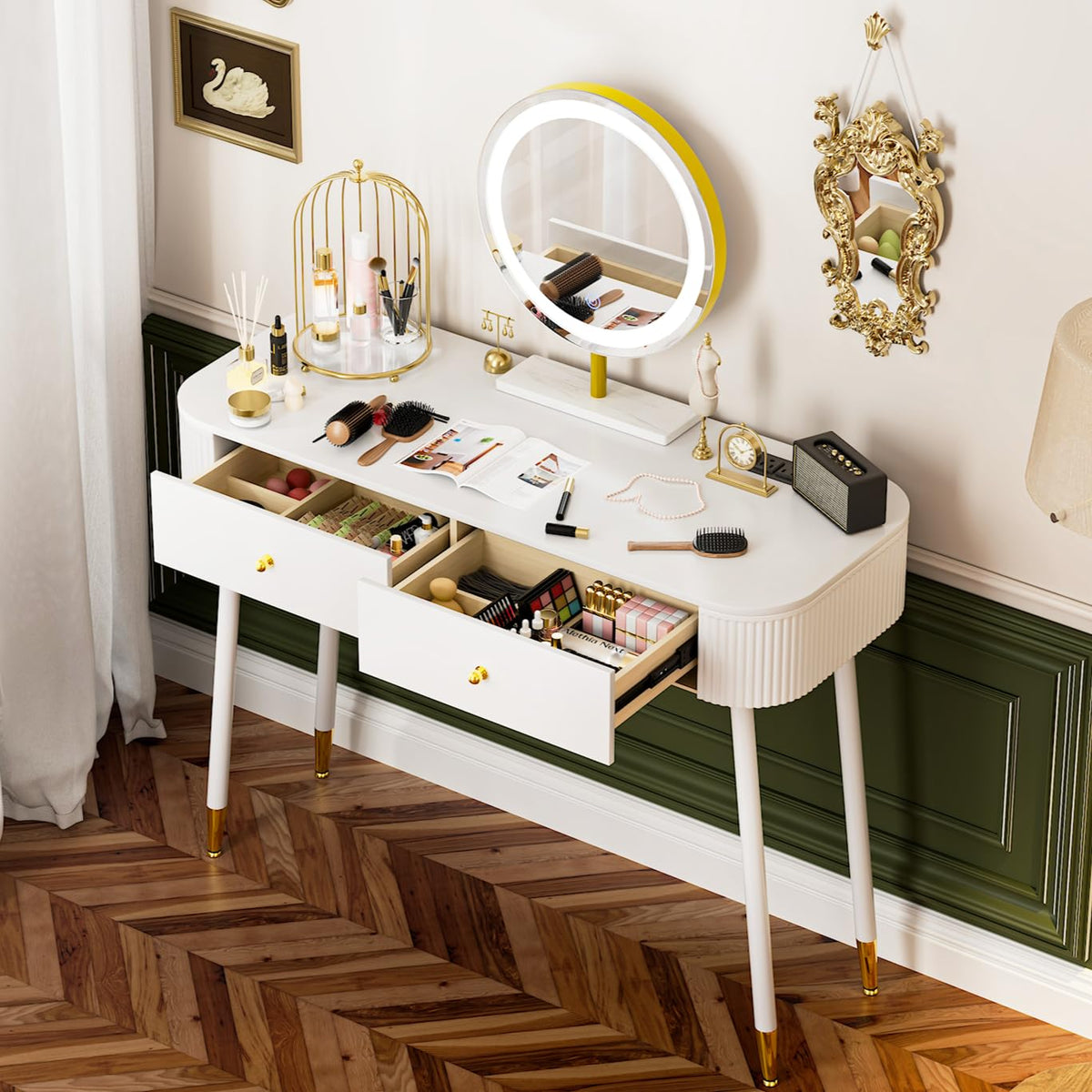 White 40" Vanity Desk with Mirror and Lights J578221