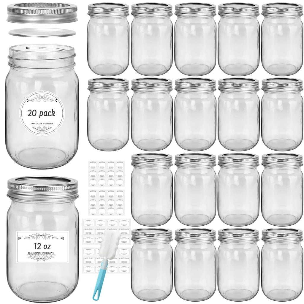 20 Pack 12 oz Clear Glass Mason Jars with Lids W635