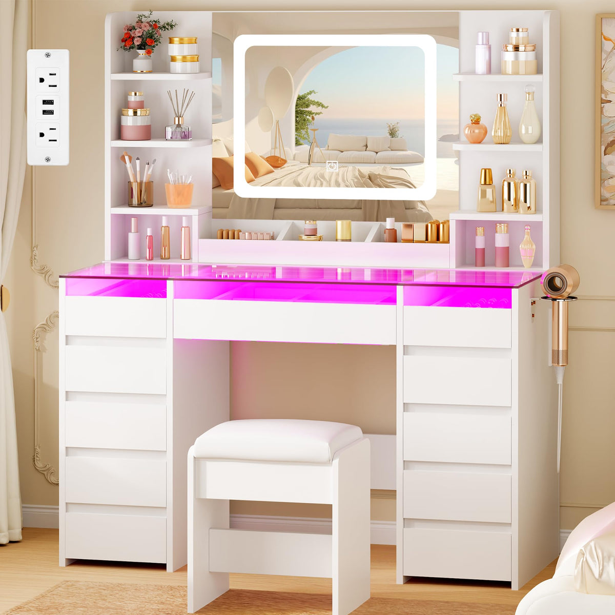 Glass Top Vanity Desk with Mirror and Stool Q280523