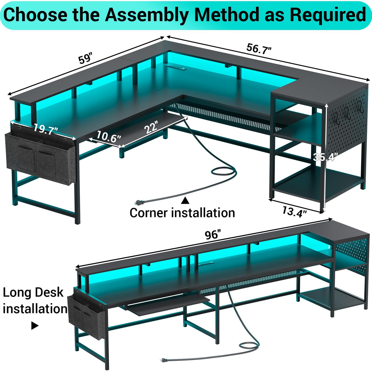 L Shaped Gaming Desk with Power Outlets & LED Strip V85921