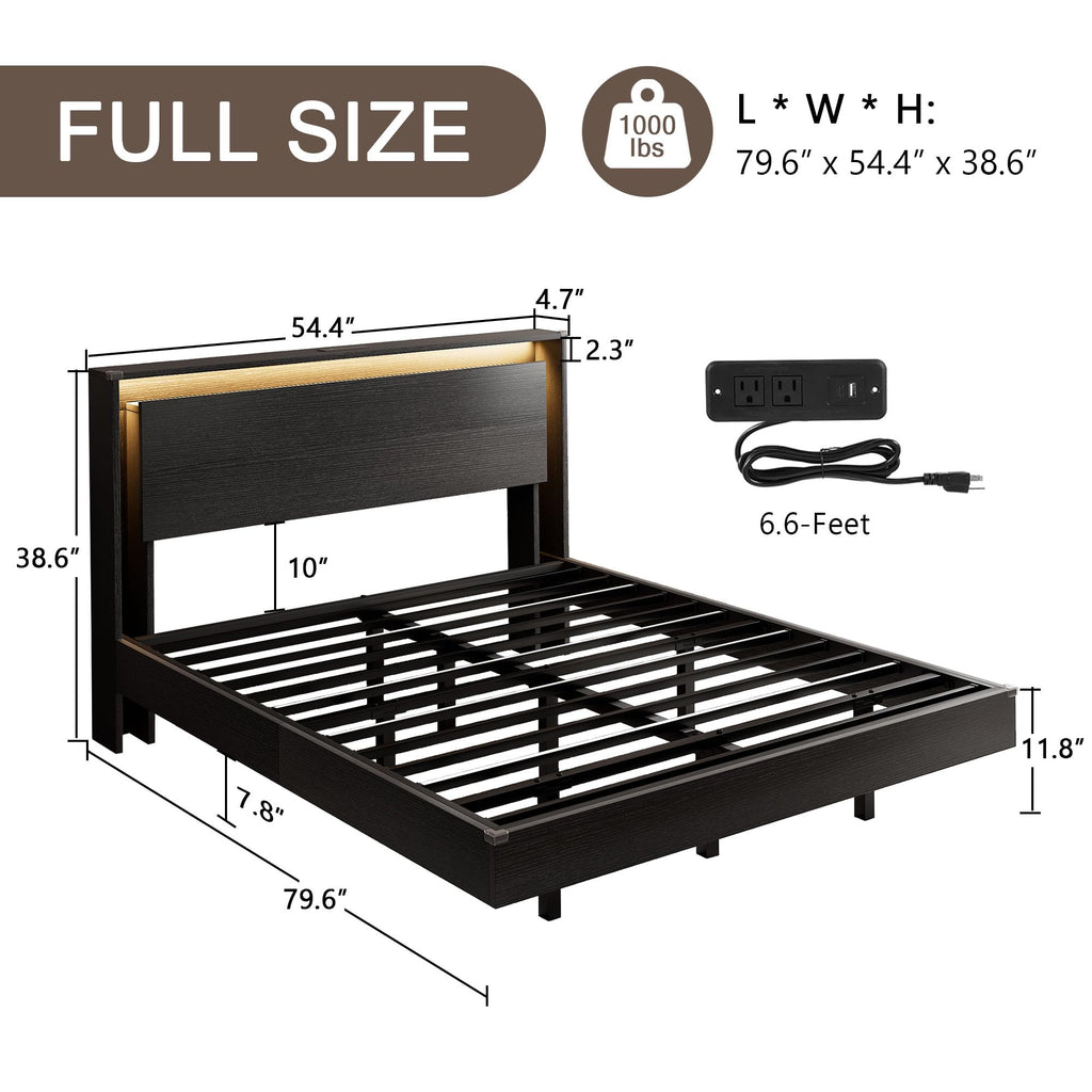 Full Size Wood Bed Frame with Storage Headboard and LED Lights Y951