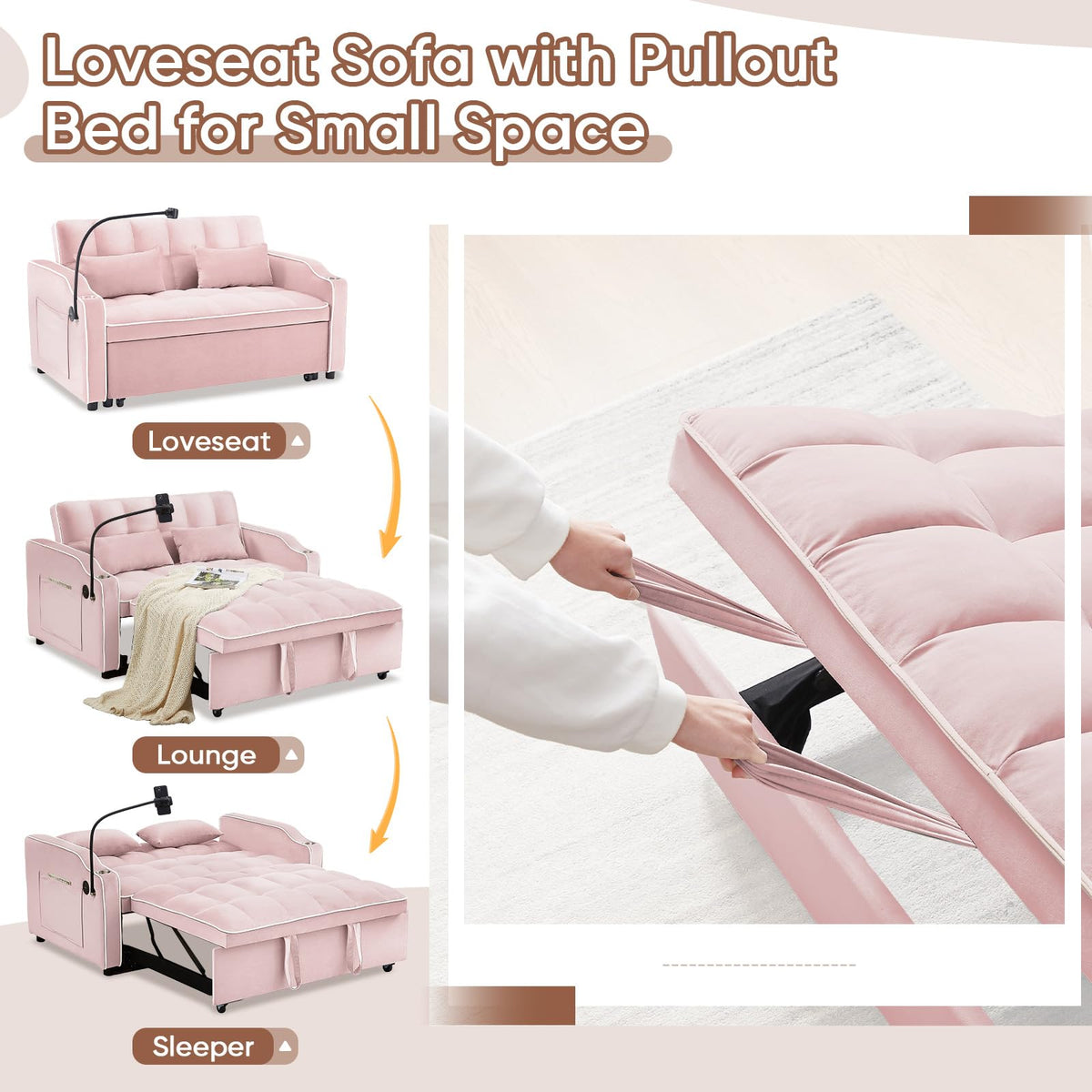 Pink Velvet Convertible Sleeper Sofa Bed W785