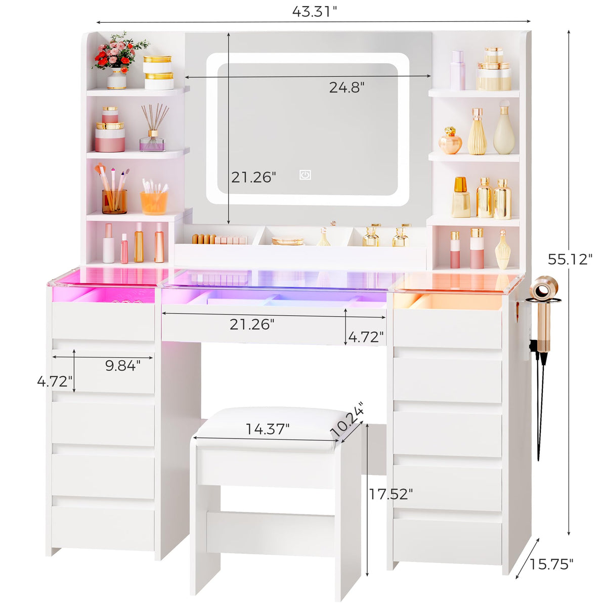 Glass Top Vanity Desk with Mirror and Stool Q280523