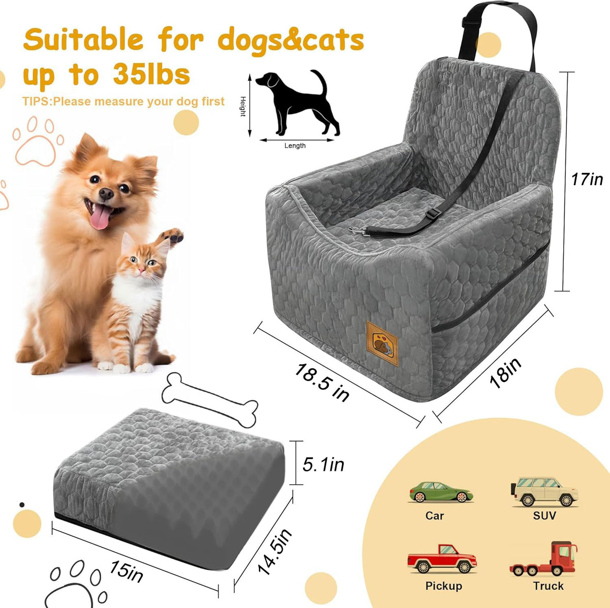 Memory Foam Dog Booster Seat with Washable Removable Cover U3540