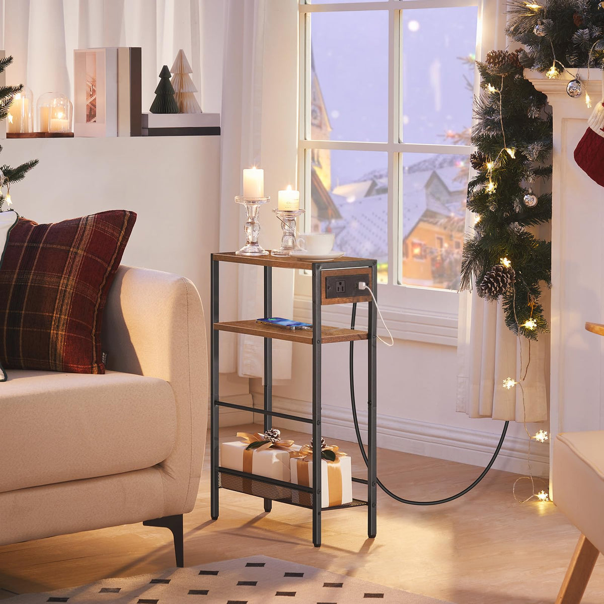 Small Narrow Side Table with Charging Station and Storage Shelf P485644