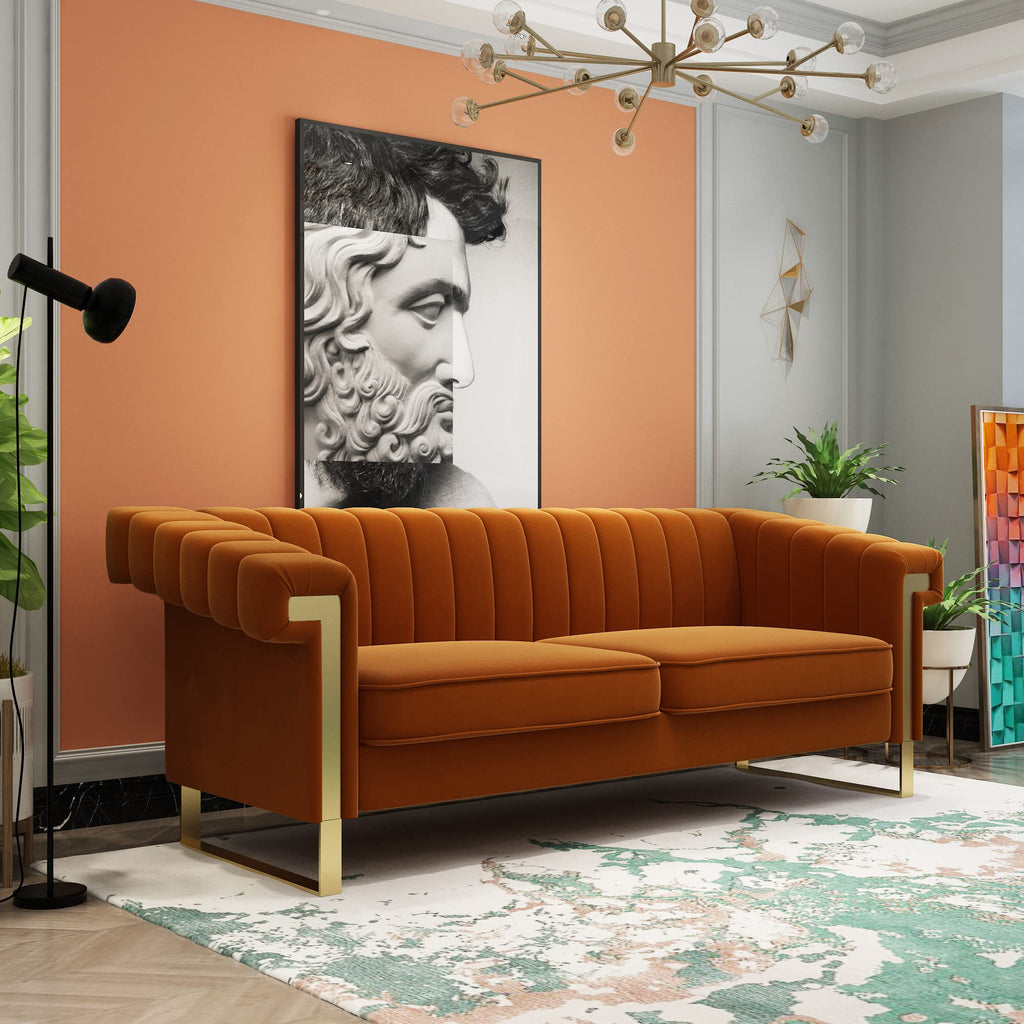 84 Inch Orange Velvet Chesterfield Sofa C59600