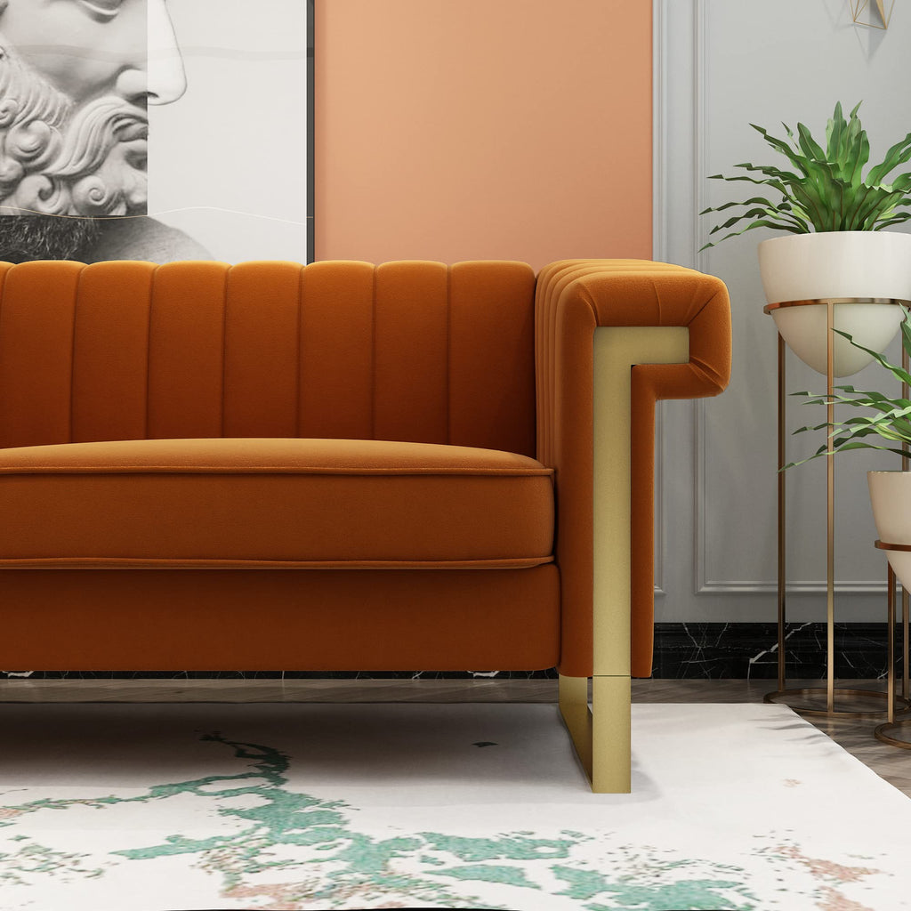 84 Inch Orange Velvet Chesterfield Sofa C59600