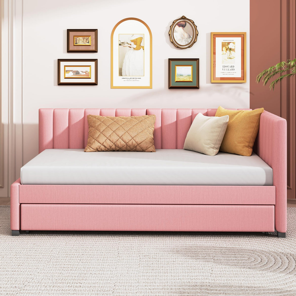 Twin Size Linen Upholstered Daybed with Trundle P676