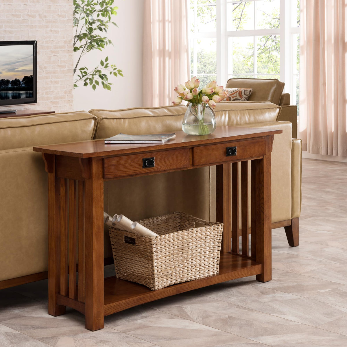 Transitional Solid Ash Console Table with 2 Drawers X194
