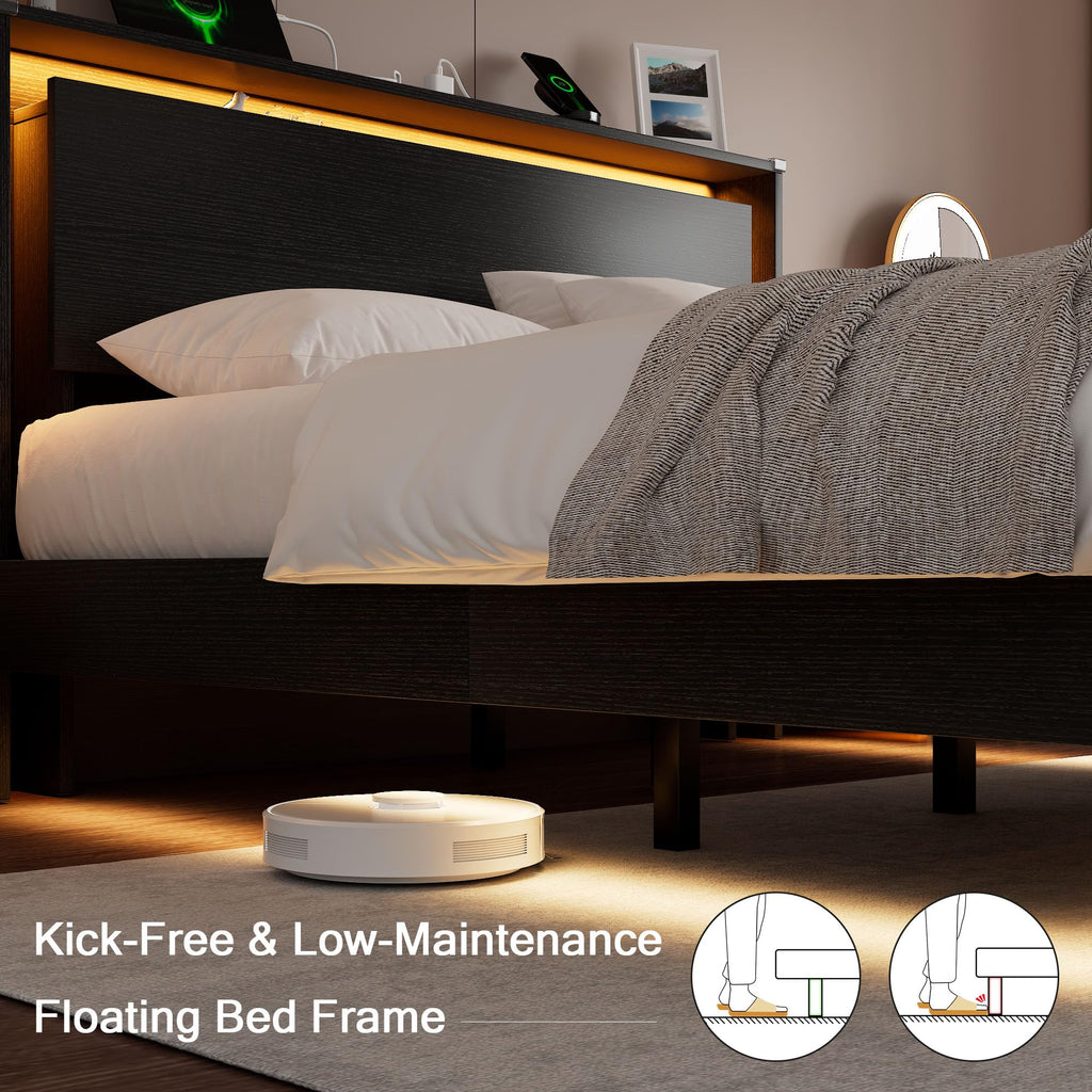 Full Size Wood Bed Frame with Storage Headboard and LED Lights Y951